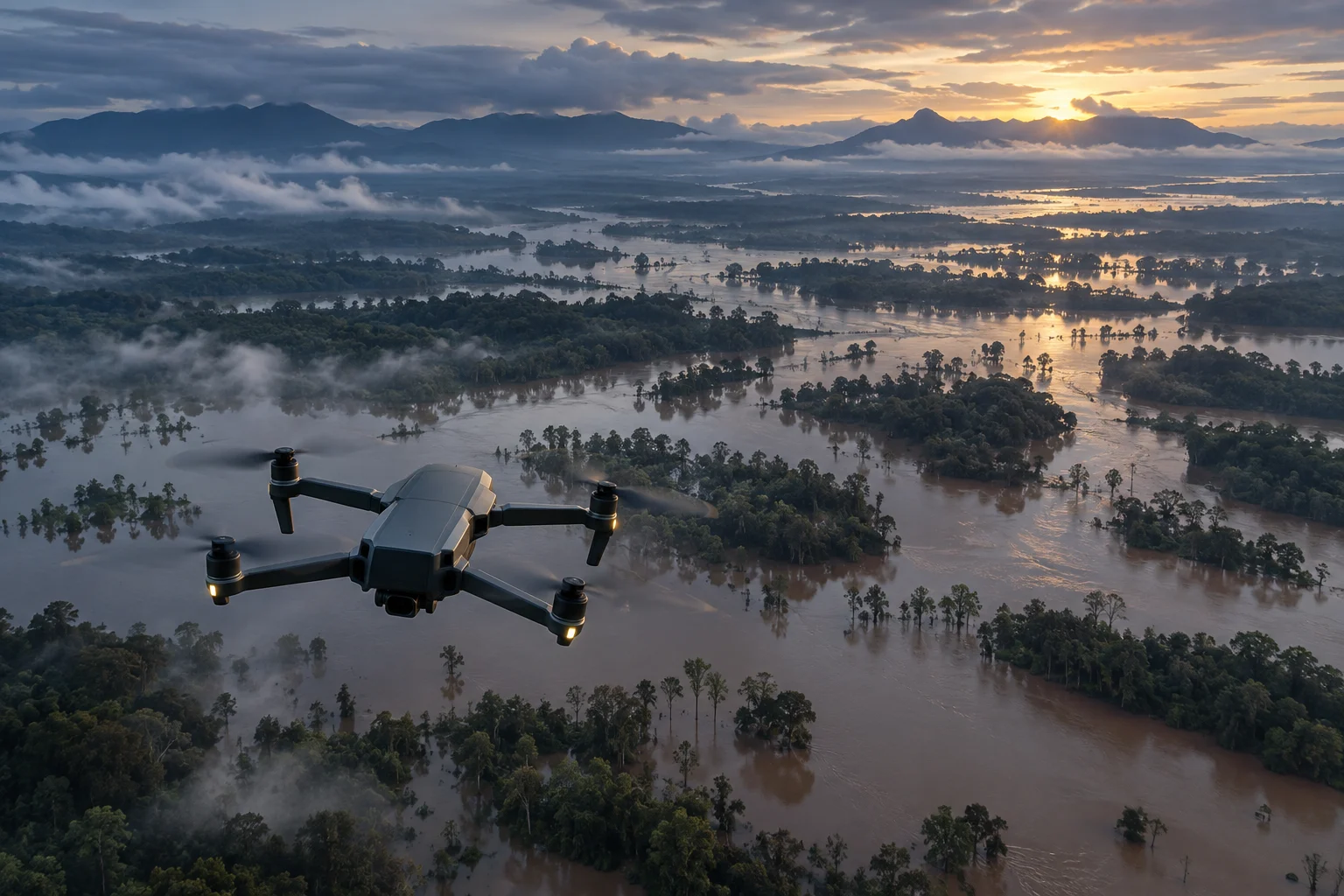 Illustrative concept of a drone observing a flooded river landscape