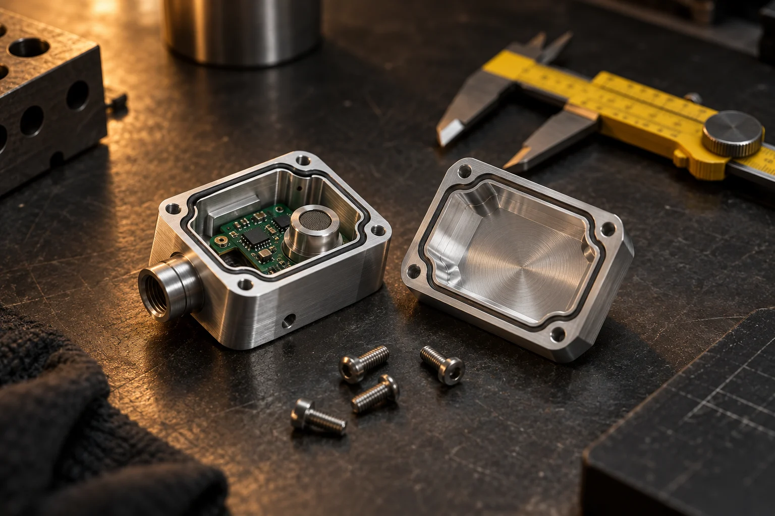 Illustrative concept of a machined sensor enclosure on an engineering workbench